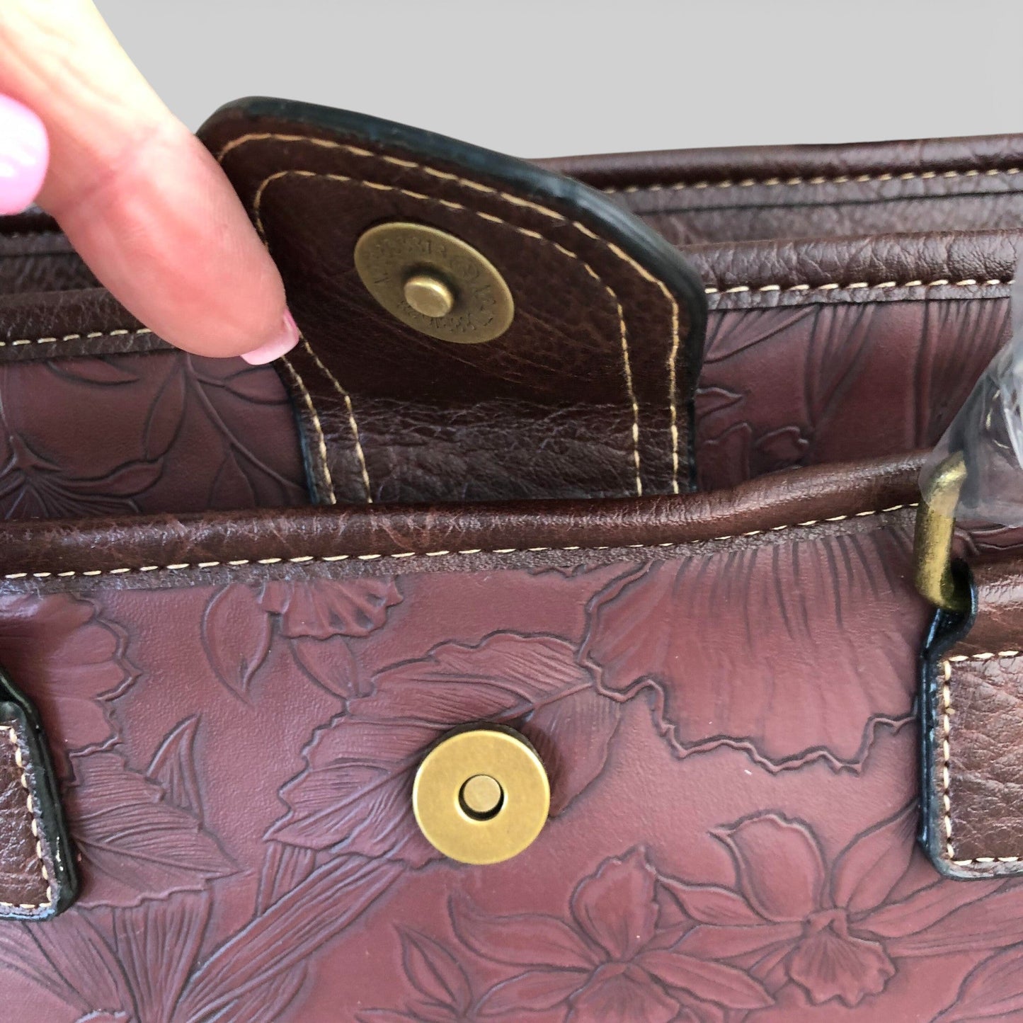 Cotton Road Brown PU leather handbag with floral pattern CLASP