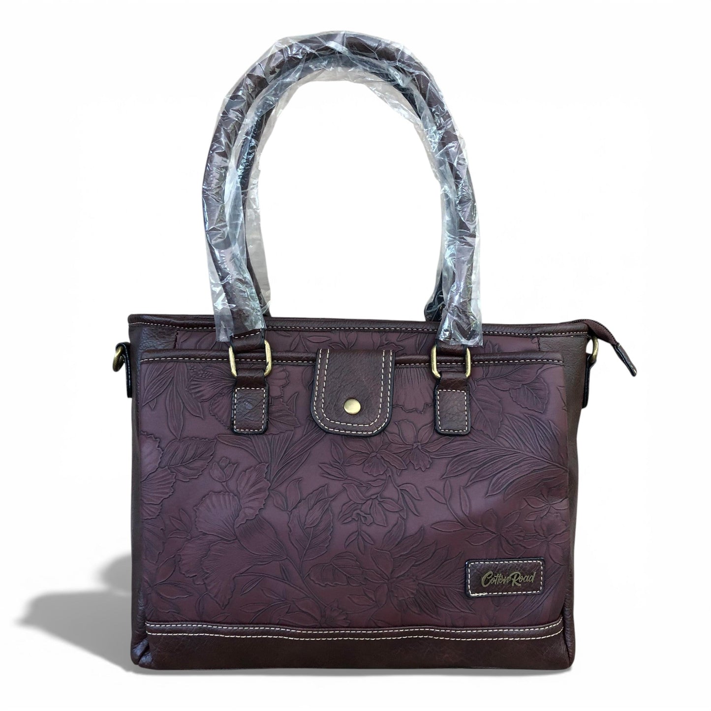 Cotton Road Brown PU leather handbag with floral pattern ON WHITE