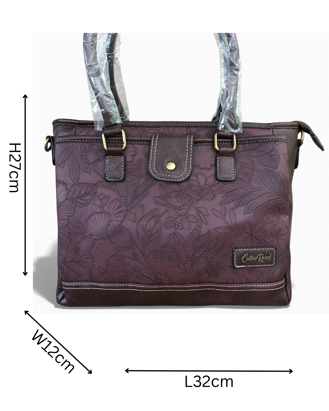 Cotton Road Brown PU leather handbag with floral pattern WITH SIZES INDICATED
