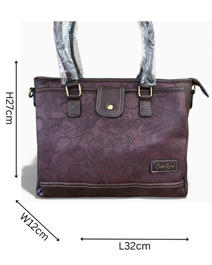 Cotton Road Brown PU leather handbag with floral pattern WITH SIZES INDICATED