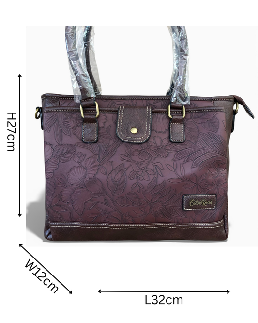 Cotton Road Brown PU leather handbag with floral pattern WITH SIZES INDICATED