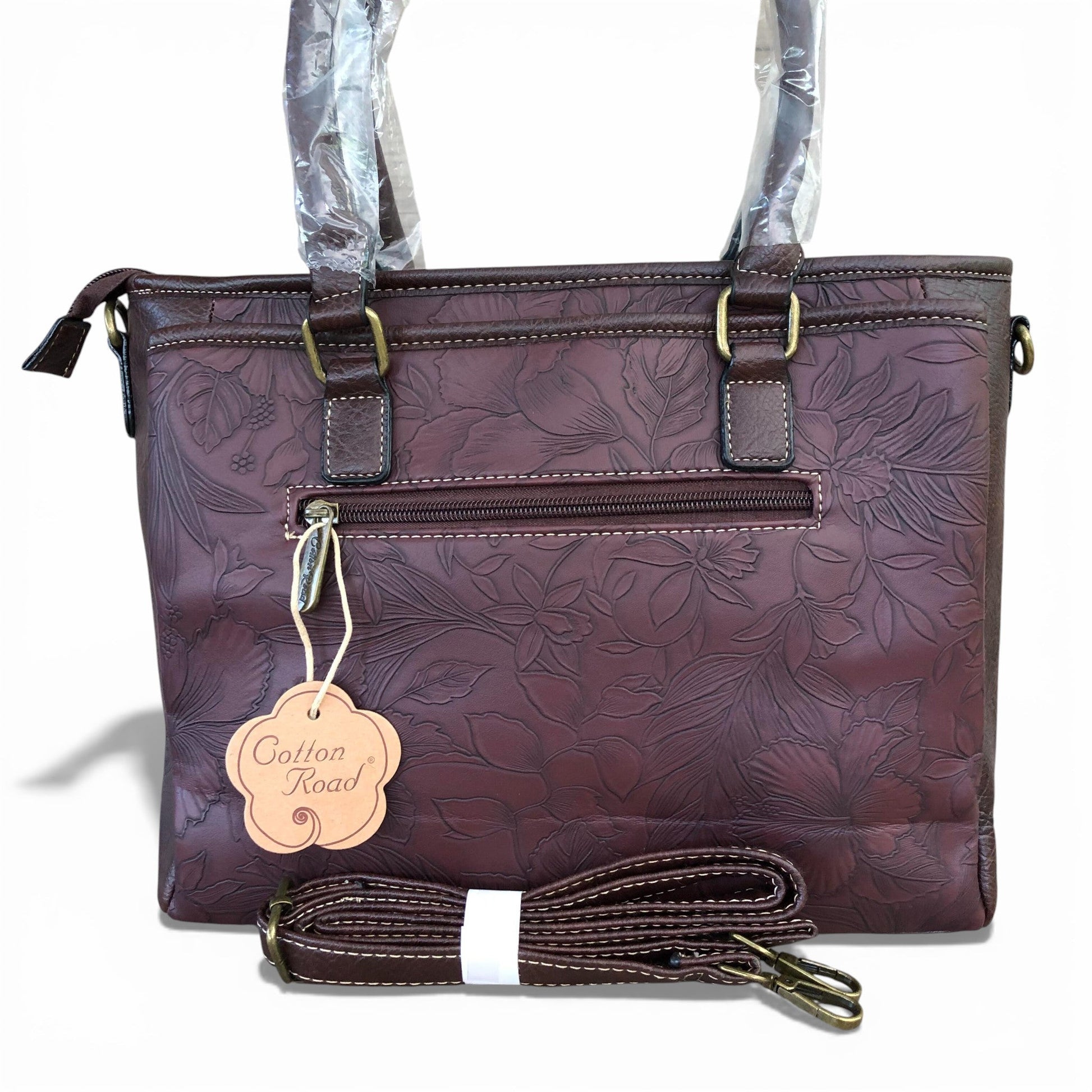 Cotton Road Brown PU leather handbag with floral pattern WITH TAGS AND SLING BAND