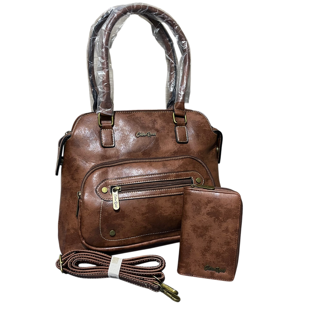 Cotton Road Handbag: BROWN PU Leather Handbag with Matching Wallet