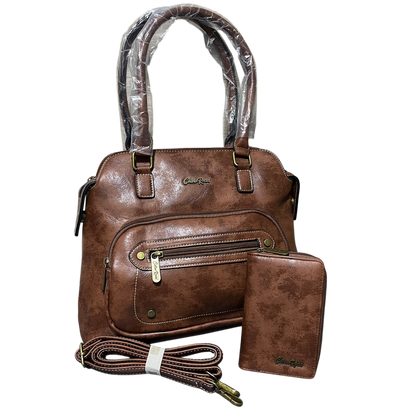 Cotton Road Handbag: BROWN PU Leather Handbag with Matching Wallet