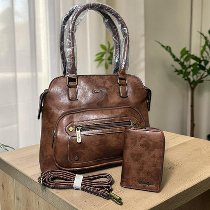 Cotton Road Handbag: BROWN PU Leather Handbag with Matching Wallet