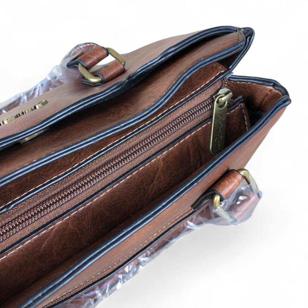 Cotton Road Handbag: BROWN PU Leather Handbag with PROTEA ZIPS