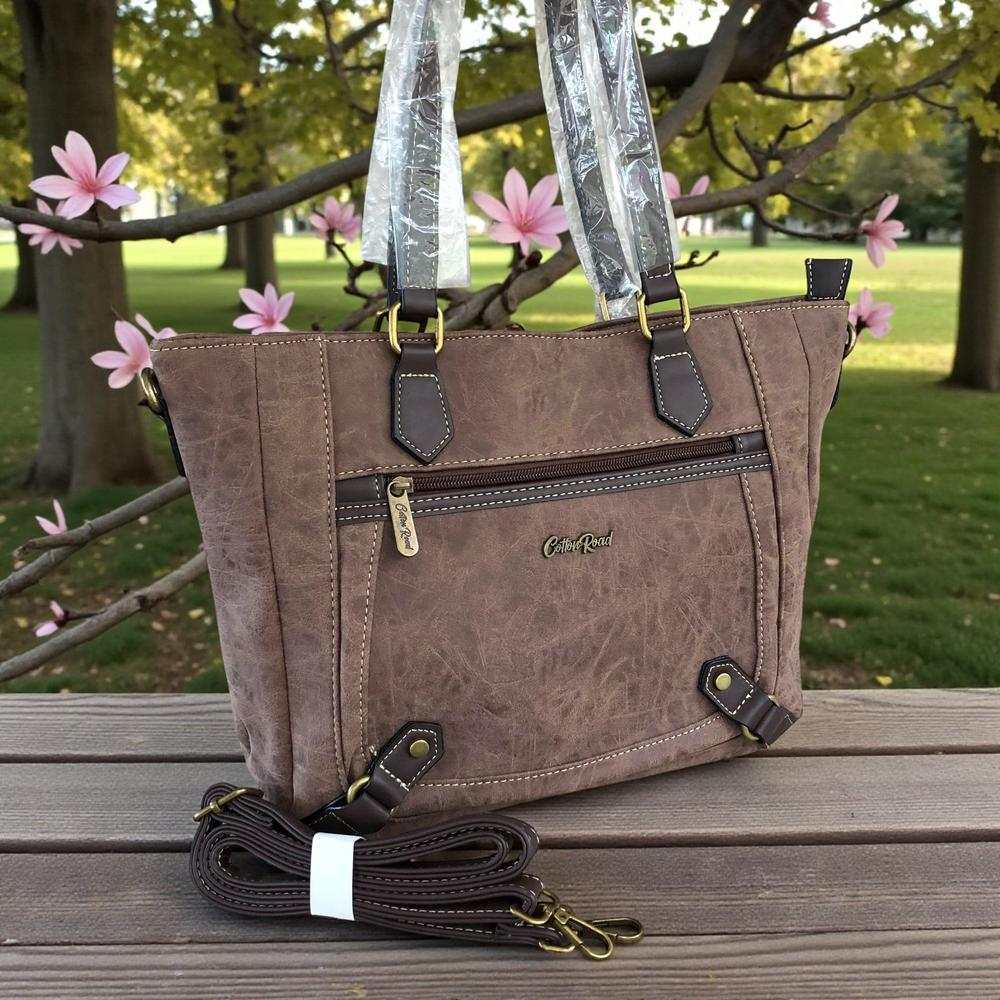 Cotton Road Handbag: BROWN PU Leather Handbag with Strap detail