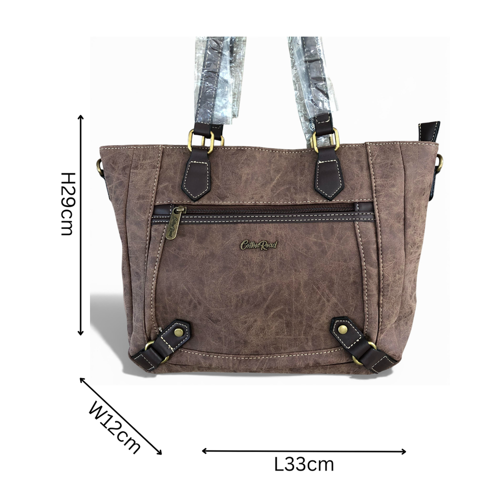 Cotton Road Handbag: BROWN PU Leather Handbag with Strap detail