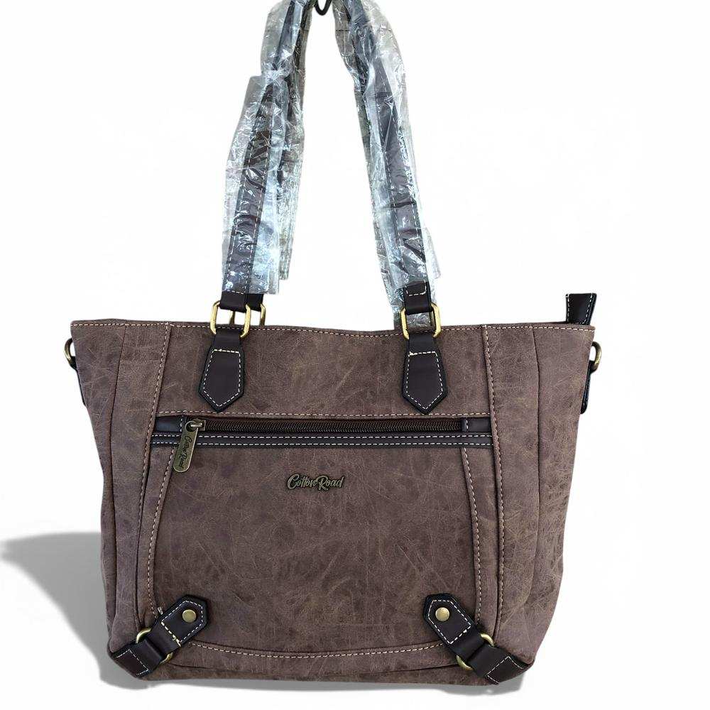 Cotton Road Handbag: BROWN PU Leather Handbag with Strap detail