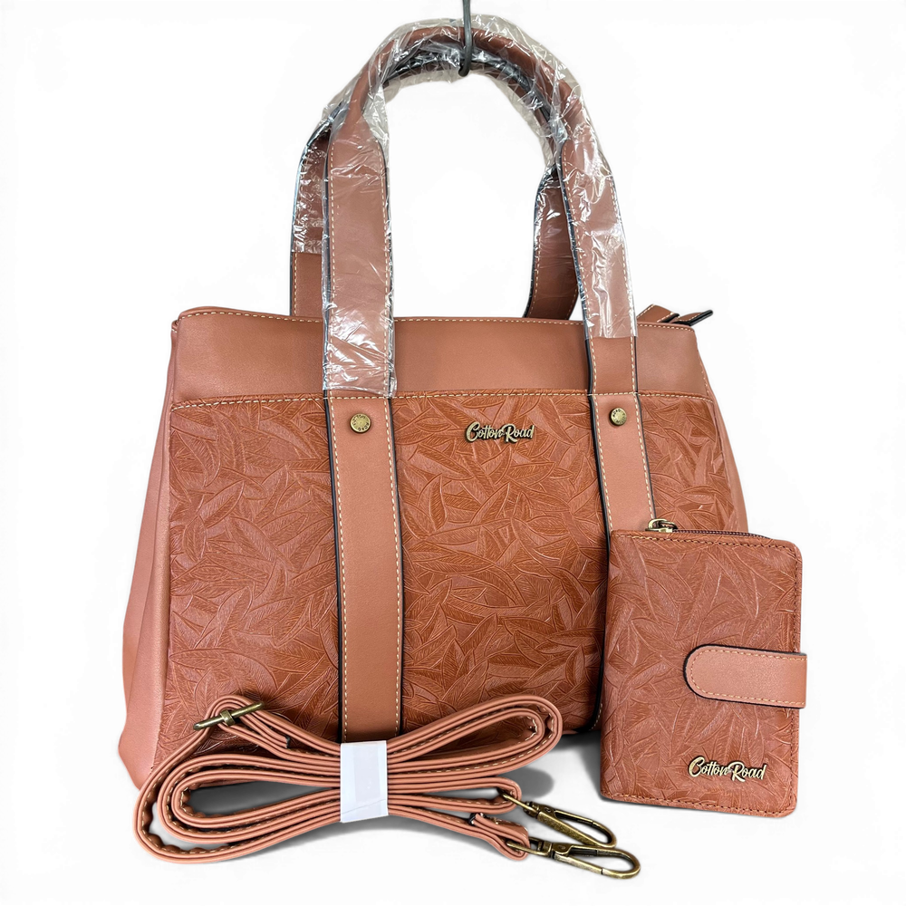 Cotton Road Handbag: BROWN PU Leather with LEAF Design with Matching Wallet
