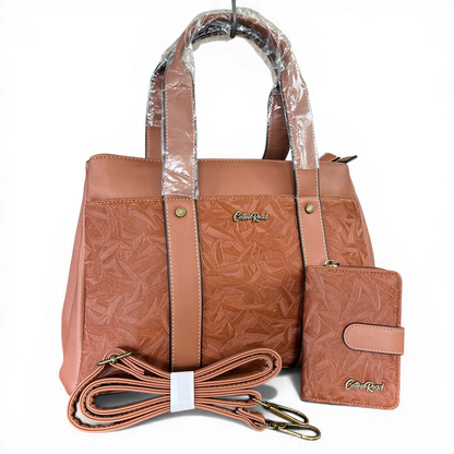Cotton Road Handbag: BROWN PU Leather with LEAF Design with Matching Wallet