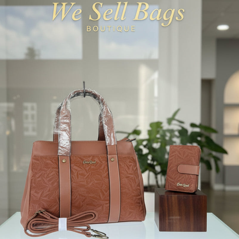 Cotton Road Handbag: BROWN PU Leather with LEAF Design with Matching Wallet