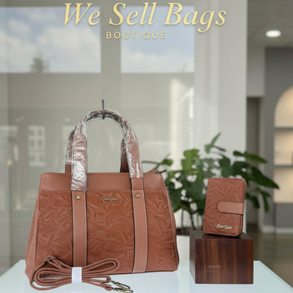 Cotton Road Handbag: BROWN PU Leather with LEAF Design with Matching Wallet