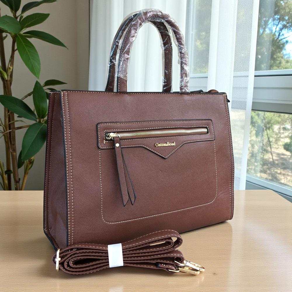 Cotton Road Handbag: Brown PU Leather Bag with Versatile Design and Comfort
