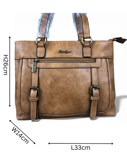 Cotton Road Handbag: CAMEL PU Leather Handbag with Buckle detailing