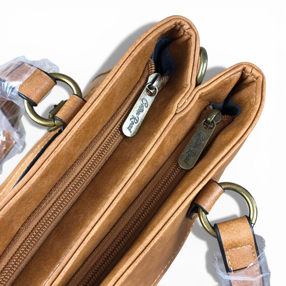 Cotton Road Handbag: CAMEL PU Leather Handbag with Buckle detailing