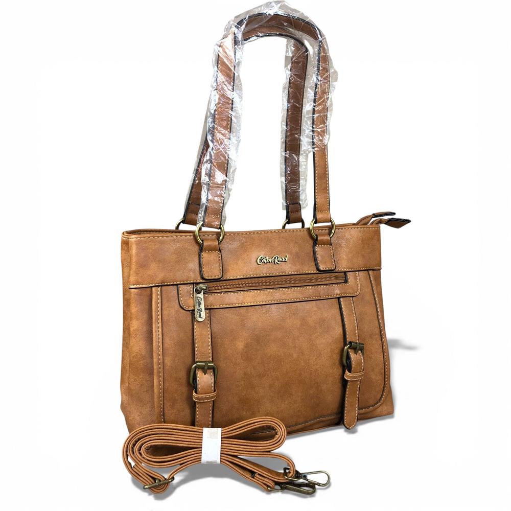 Cotton Road Handbag: CAMEL PU Leather Handbag with Buckle detailing
