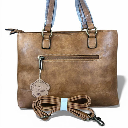 Cotton Road Handbag: CAMEL PU Leather Handbag with Buckle detailing