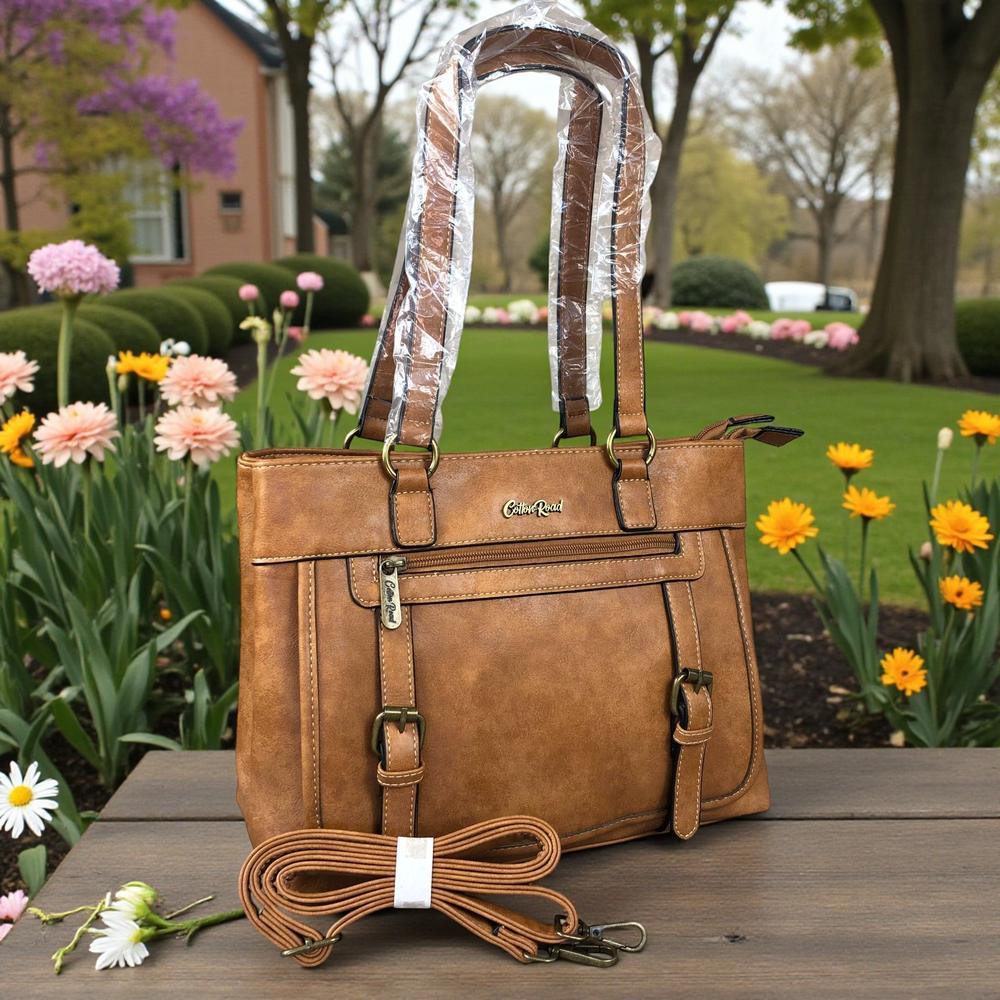 Cotton Road Handbag: CAMEL PU Leather Handbag with Buckle detailing