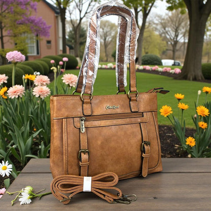 Cotton Road Handbag: CAMEL PU Leather Handbag with Buckle detailing