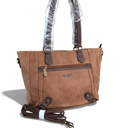 Cotton Road Handbag: CAMEL PU Leather Handbag with Strap detail