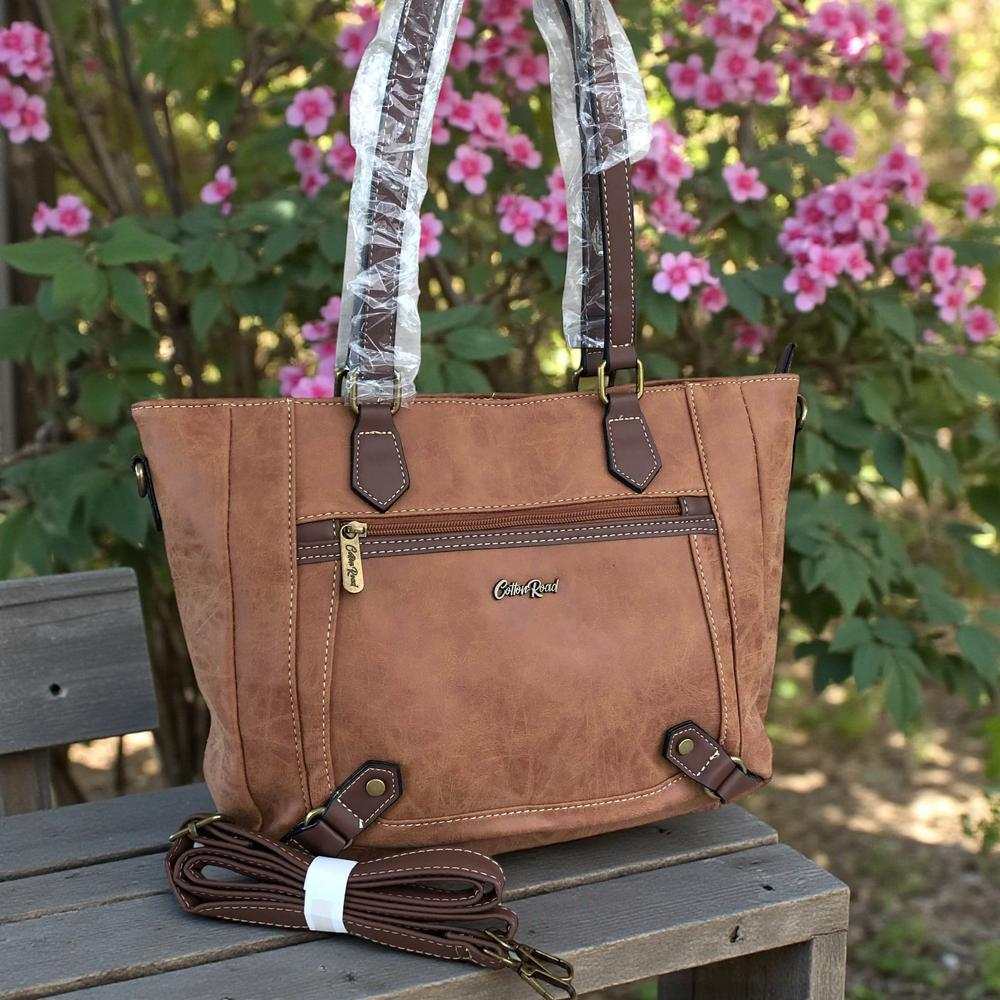 Cotton Road Handbag: CAMEL PU Leather Handbag with Strap detail