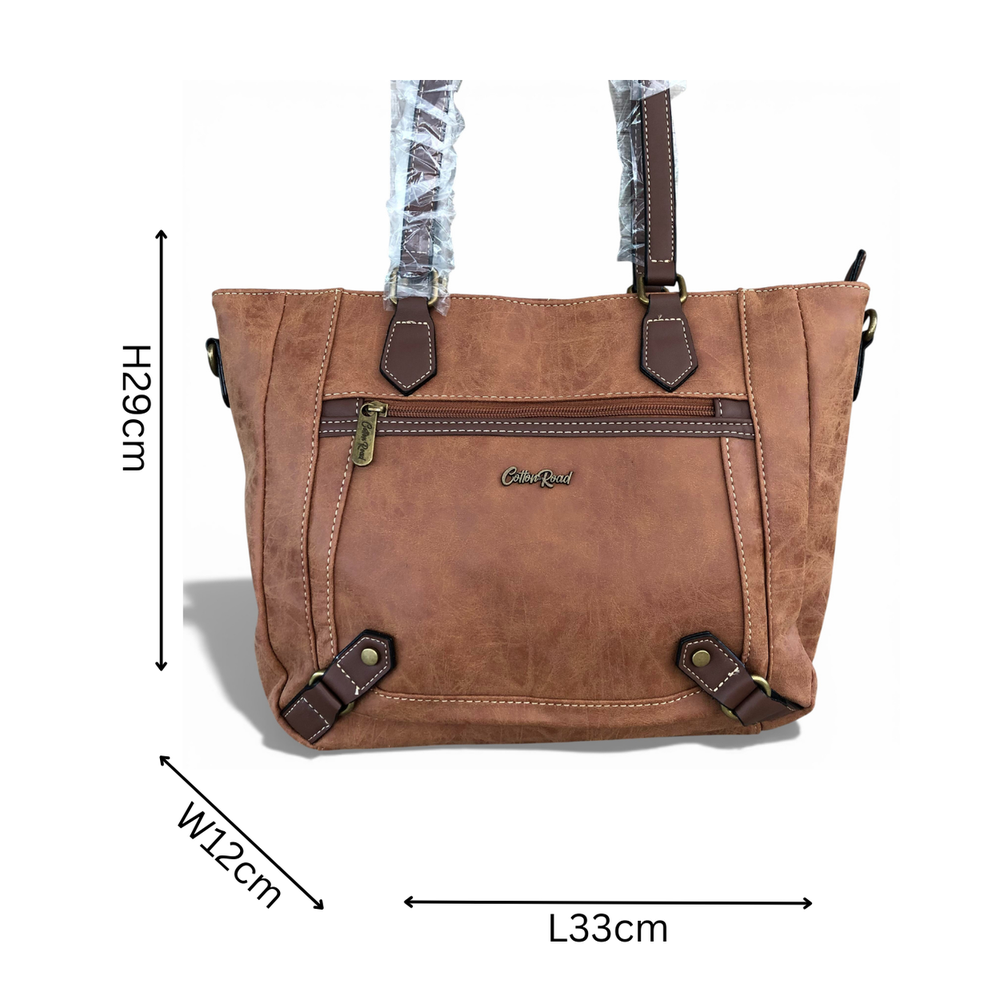 Cotton Road Handbag: CAMEL PU Leather Handbag with Strap detail