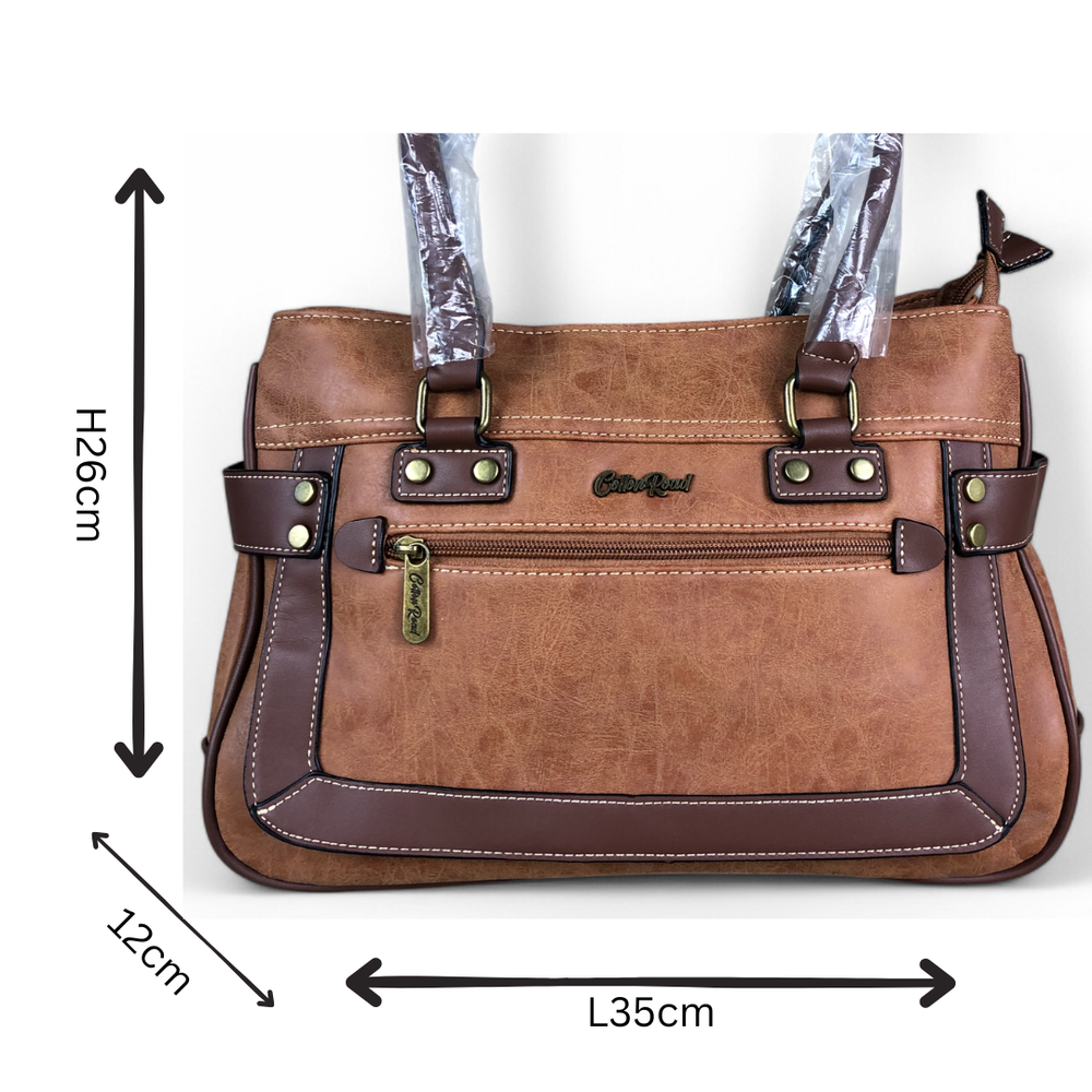 Cotton Road Handbag: CAMEL PU Leather Handbag with TRIM
