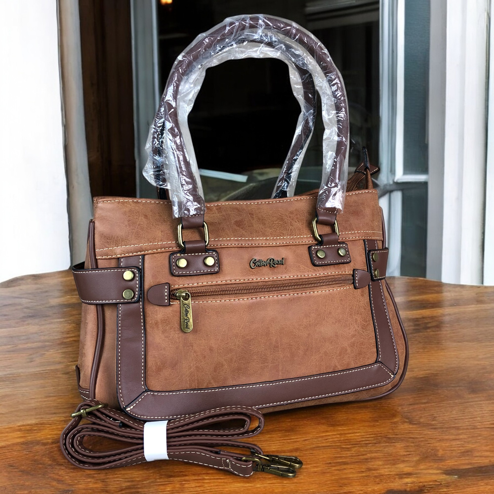 Cotton Road Handbag: CAMEL PU Leather Handbag with TRIM