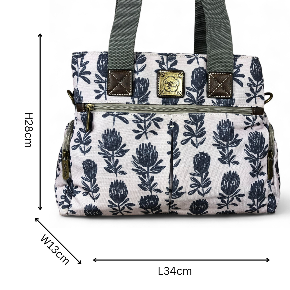 Cotton Road Handbag: GREY Canvas Handbag with PROTEA Print