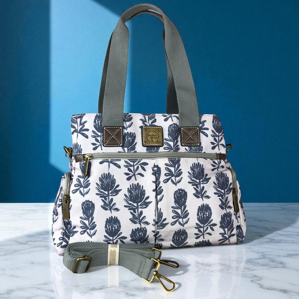 Cotton Road Handbag: GREY Canvas Handbag with PROTEA Print