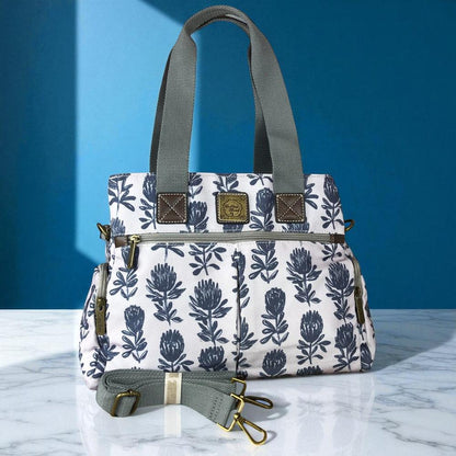 Cotton Road Handbag: GREY Canvas Handbag with PROTEA Print