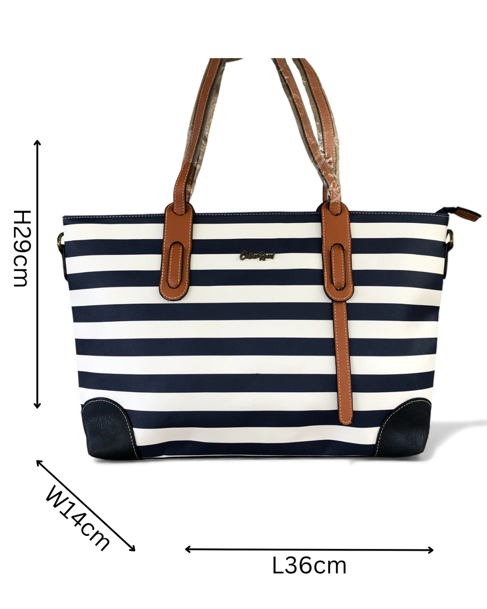 Cotton Road Handbag: NAVY BLUE and WHITE PVC Handbag with STRIPES