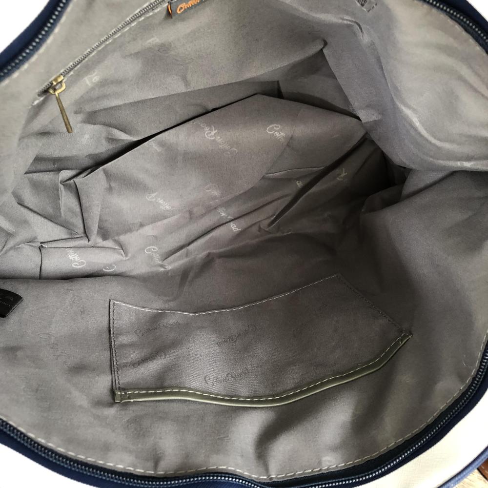 Cotton Road Handbag: NAVY BLUE and WHITE PVC Handbag with STRIPES