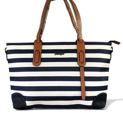 Cotton Road Handbag: NAVY BLUE and WHITE PVC Handbag with STRIPES