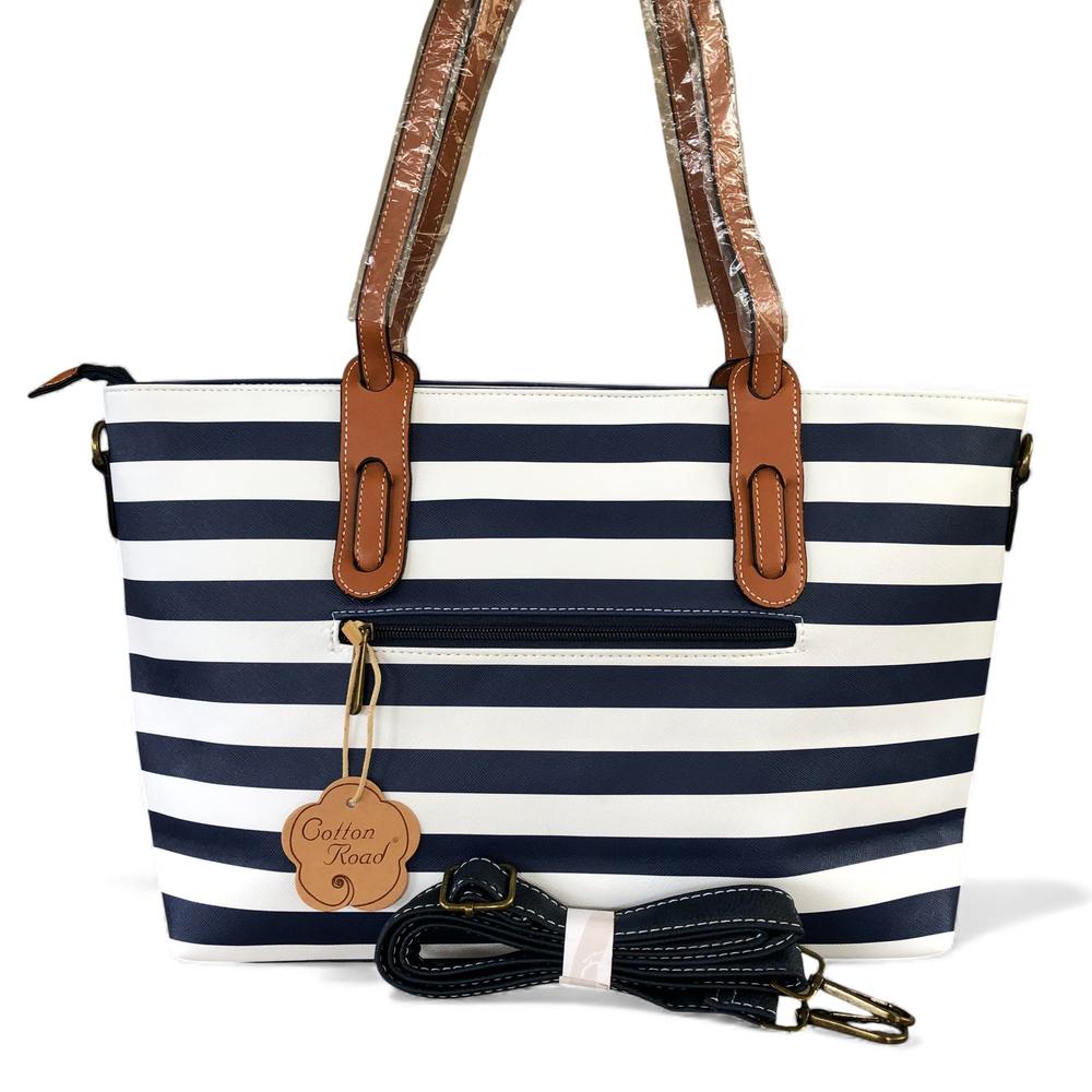 Cotton Road Handbag: NAVY BLUE and WHITE PVC Handbag with STRIPES