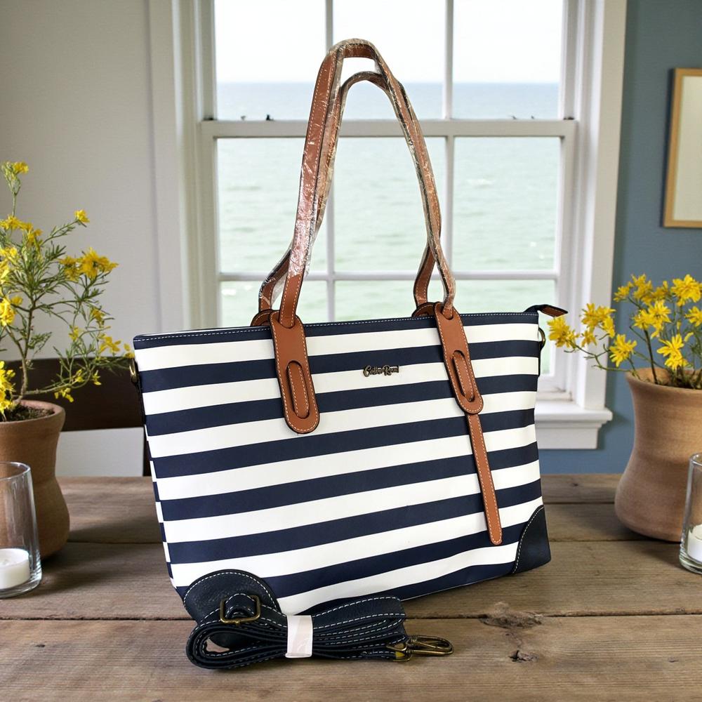 Cotton Road Handbag: NAVY BLUE and WHITE PVC Handbag with STRIPES