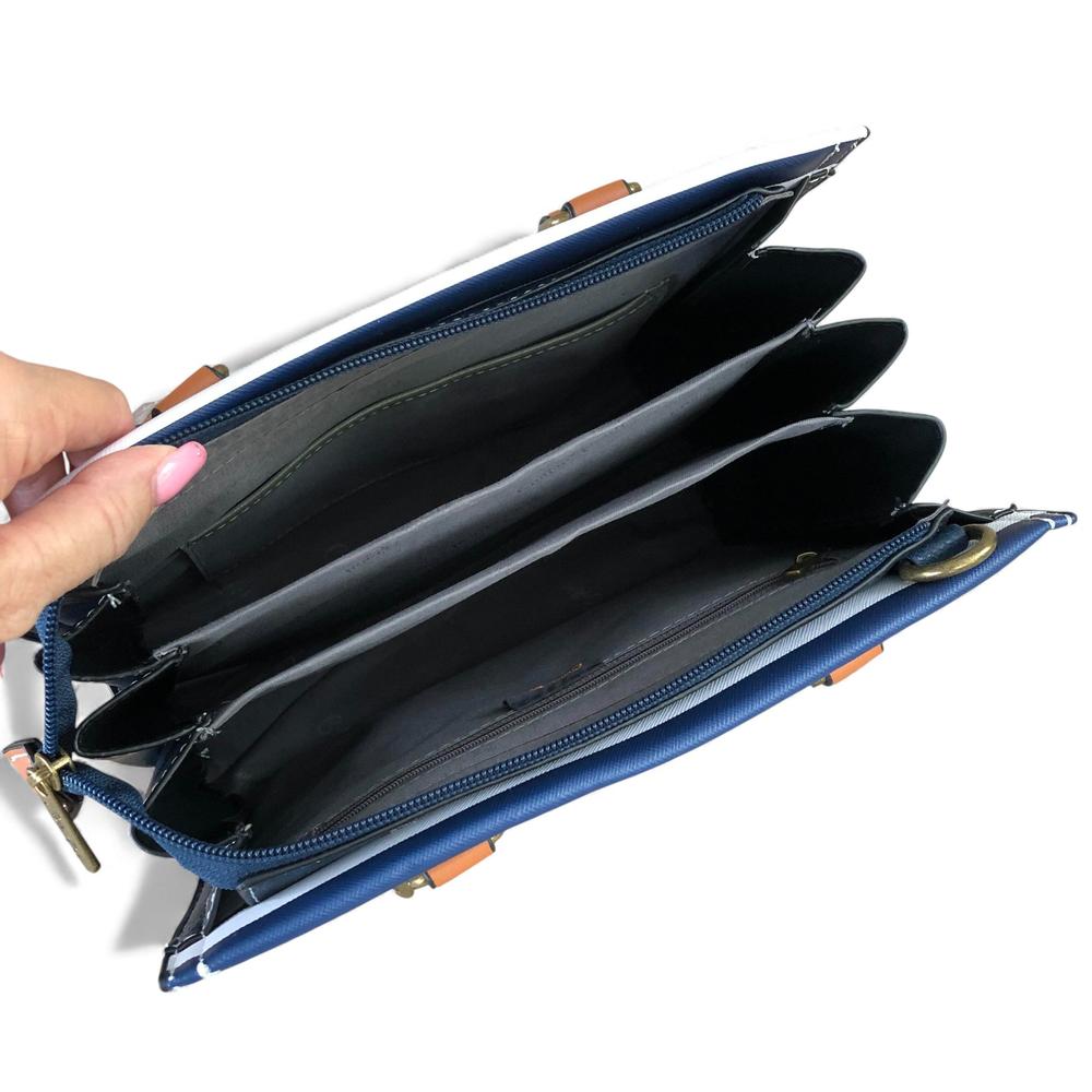 Cotton Road Handbag: NAVY and WHITE STRIPED PVC Handbag with TAN Handles