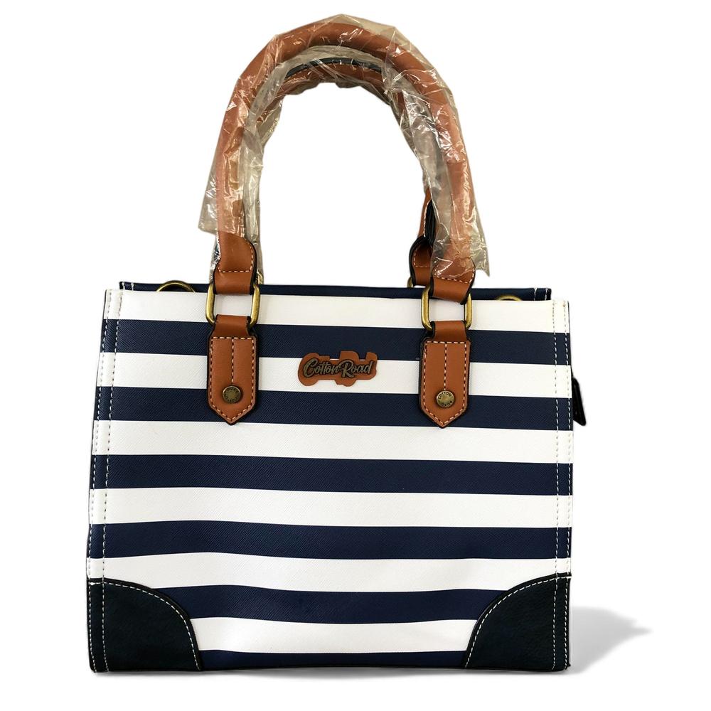 Cotton Road Handbag: NAVY and WHITE STRIPED PVC Handbag with TAN Handles