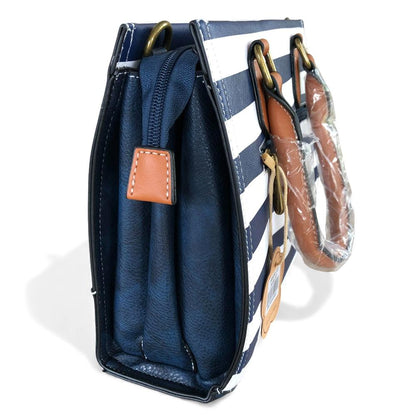 Cotton Road Handbag: NAVY and WHITE STRIPED PVC Handbag with TAN Handles