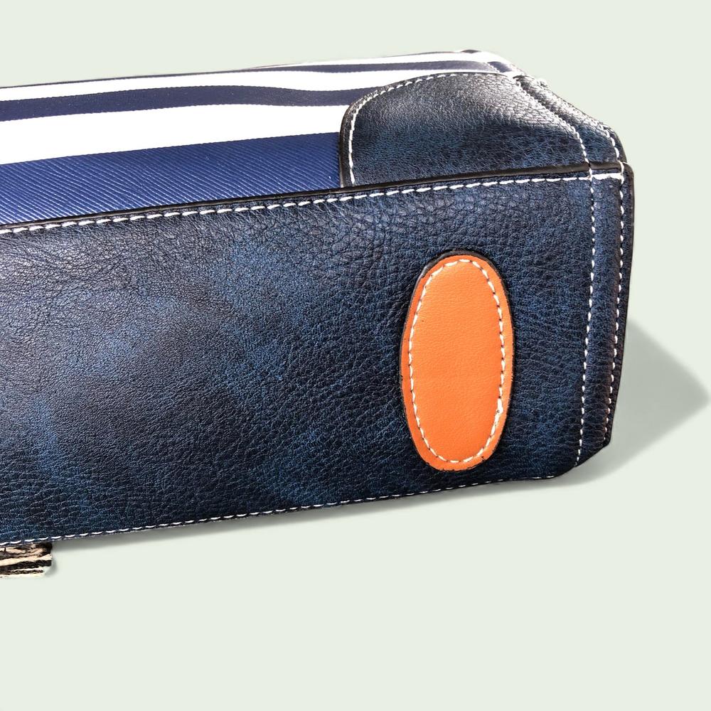 Cotton Road Handbag: NAVY and WHITE STRIPED PVC Handbag with TAN Handles