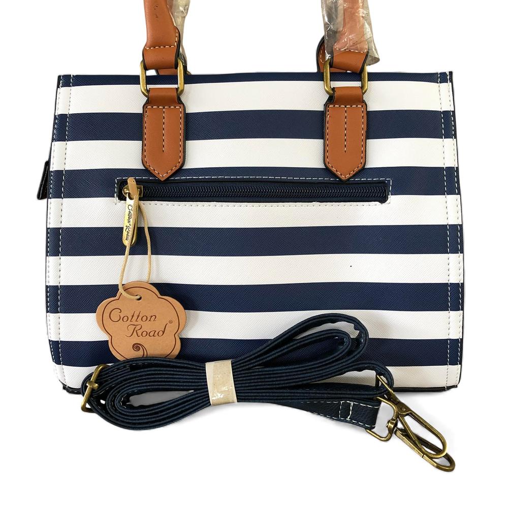 Cotton Road Handbag: NAVY and WHITE STRIPED PVC Handbag with TAN Handles
