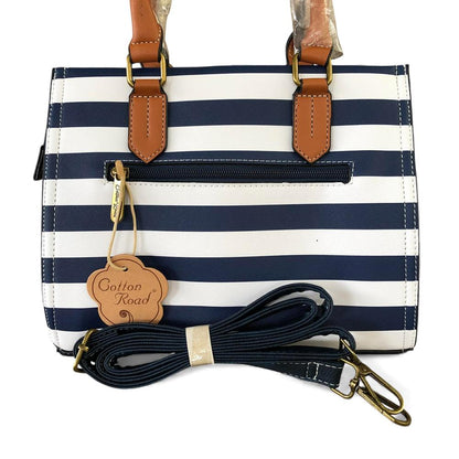 Cotton Road Handbag: NAVY and WHITE STRIPED PVC Handbag with TAN Handles