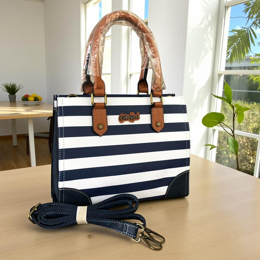 Cotton Road Handbag: NAVY and WHITE STRIPED PVC Handbag with TAN Handles