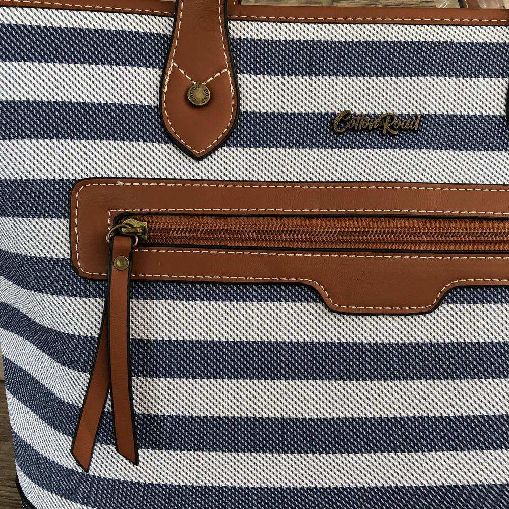 Cotton Road Handbag: Navy Blue & White PVC Stripes with Tan Trim | Stylish