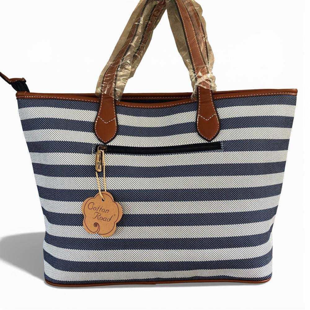 Cotton Road Handbag: Navy Blue & White PVC Stripes with Tan Trim | Stylish