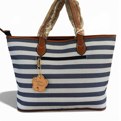 Cotton Road Handbag: Navy Blue & White PVC Stripes with Tan Trim | Stylish
