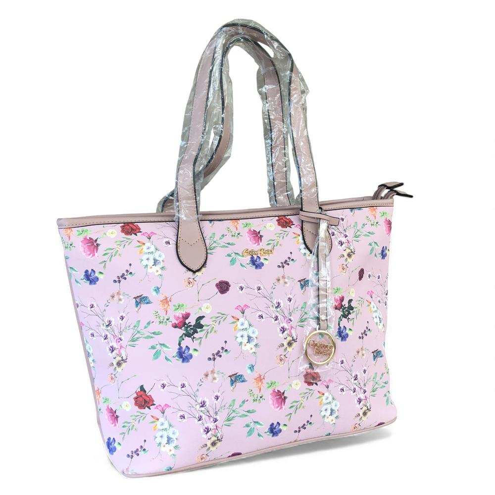 Cotton Road Handbag: PINK PU LEATHER with FLORAL Panel and Matching Wallet