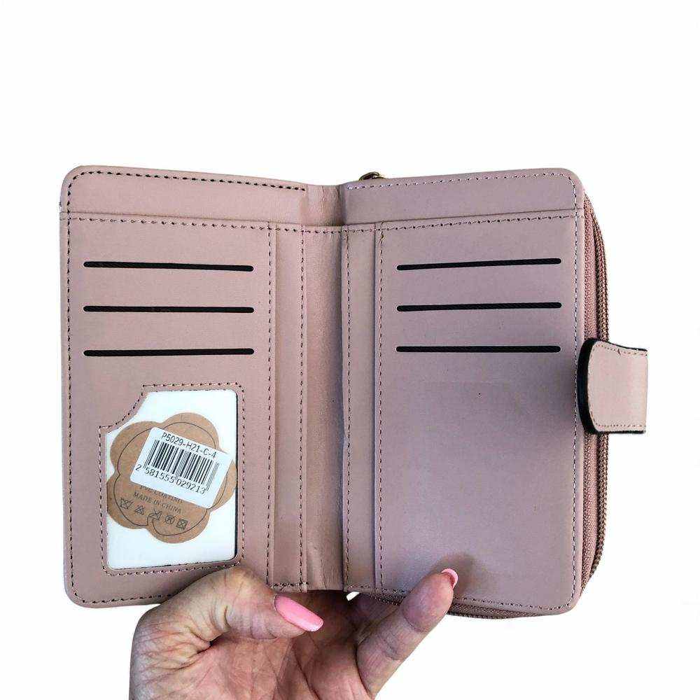 Cotton Road Handbag: PINK PU LEATHER with FLORAL Panel Wallet open