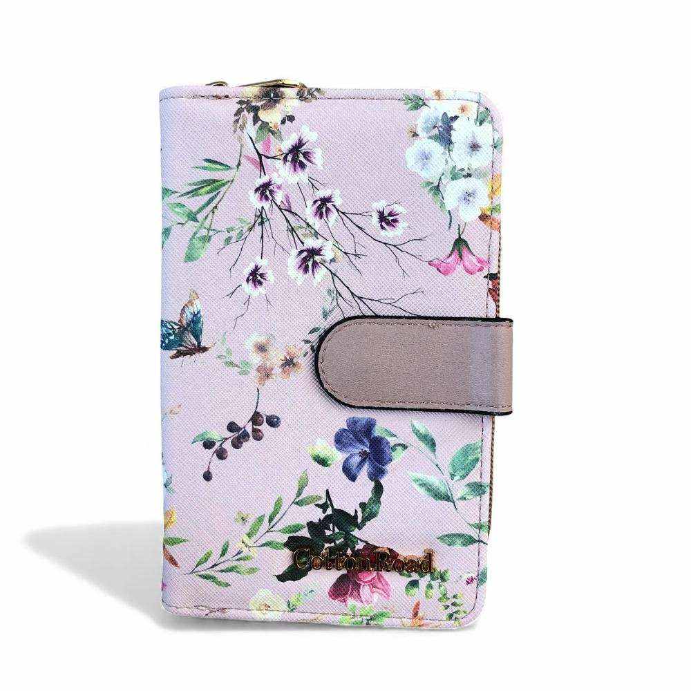 Cotton Road Handbag: PINK PU LEATHER with FLORAL Panel and Matching Wallet